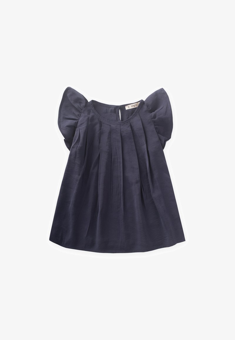 Top in misto cotone blu navy con frontale plissettato, maniche corte a sbuffo e scollatura arrotondata. Presenta un'apertura sul retro con chiusura a bottone.