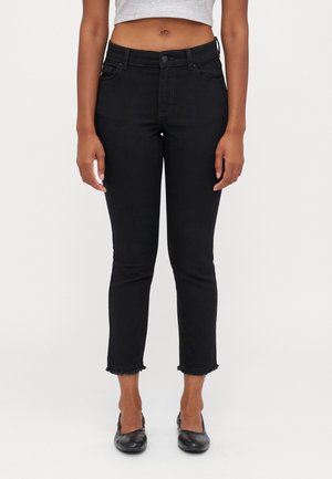 Black denim cropped jeans with a frayed hem, featuring a classic five-pocket design and button closure, displayed on a neutral background.