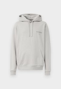 Un hoodie gris clair en tissu doux, doté d'une poche kangourou, d'une capuche avec cordon de serrage et d'un subtil logo "ALLSAINTS" sur la poitrine.