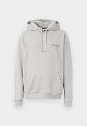 Light gray hoodie made from soft fabric, featuring a kangaroo pocket, drawstring hood, and subtle "ALLSAINTS" logo on the chest.