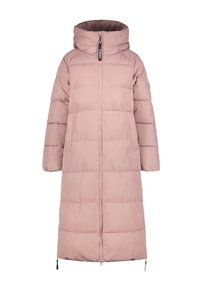 Pitkä vaaleanpunainen puffatakkia, jossa on suuri huppu, edessä vetoketjusuljenta, vaakasuora tikattu kuvio ja sivutaskut. Sileä, kevyt kangas.