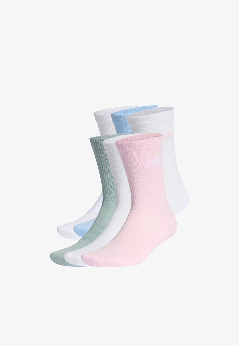 Balení čtyř kotníkových ponožek v pastelových barvách: růžová, zelená, bílá a světle modrá. Žebrovaná textura s jemným povrchem a kontrastním logem.
