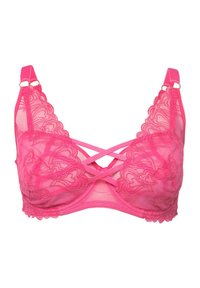 Roze kanten bh met hartjes borduursel, doorschijnende stof en kruisbanden. Verstelbare schouderbandjes en gegolfde randen voor detail.
