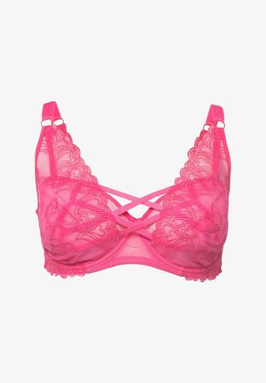 Roze kanten bh met hartjes borduursel, doorschijnende stof en kruisbanden. Verstelbare schouderbandjes en gegolfde randen voor detail.