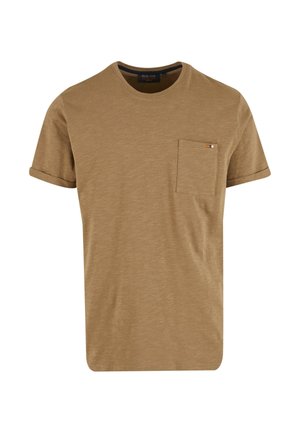 Braunes T-Shirt mit kurzen Ärmeln aus Baumwollmischung, mit einer Brusttasche und einem kleinen Akzentlogo, Rundhalsausschnitt und aufgerollten Ärmeln.