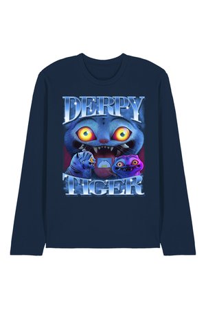 Navy long-sleeve shirt with colorful cartoon tiger faces, one large with glowing eyes and two smaller quirky characters, text "DERPY TIGER."