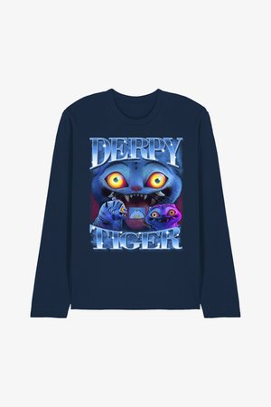 Navy long-sleeve shirt with colorful cartoon tiger faces, one large with glowing eyes and two smaller quirky characters, text "DERPY TIGER."