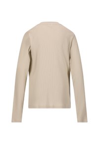 Beige Langarmoberteil aus geripptem Stoff. Verfügt über einen runden Halsausschnitt und eine glatte Textur ohne sichtbare Hardware oder Akzente.