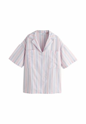 Kurzärmeliges Hemd mit Kragen, vertikalen pastellrosa, blauen und weißen Streifen sowie zwei Brusttaschen vorne.