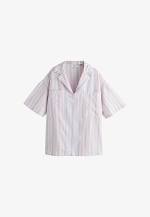 Lyhythihainen kauluksellinen paita, jossa on pystysuorat pastellinsävyiset vaaleanpunaiset, siniset ja valkoiset raidat sekä kaksi etutaskua rintamuksessa.