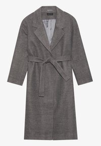 Grå ullkåpe med knyting i midjen, notched krage og lange ermer. Glatt satinfôr synlig innvendig. Minimalistisk design uten synlige mønstre.