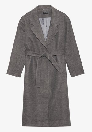 Grijze wollen overjas met een strik taille, notch-kraag en lange mouwen. Gladde satijnen voering zichtbaar aan de binnenkant. Minimalistisch ontwerp zonder zichtbare patronen.