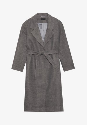 Grijze wollen overjas met een strik taille, notch-kraag en lange mouwen. Gladde satijnen voering zichtbaar aan de binnenkant. Minimalistisch ontwerp zonder zichtbare patronen.