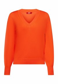 Pull tricoté à manches longues de couleur orange vif avec col en V et poignets et ourlet côtelés, présenté sur un fond blanc uni.