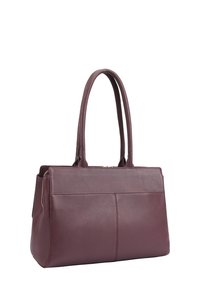 Bordeaux lederen handtas met twee stevige handvatten, een rechthoekige vorm, textuur op het oppervlak en subtiele stikdetails. Met rits sluiting.