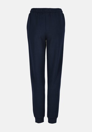 Navy blue jogger pants made of soft fabric, featuring an elastic waistband, tapered legs, and no visible patterns or accents.