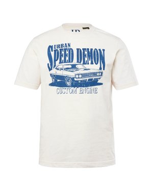 Weißes Baumwoll-T-Shirt mit blauer Grafik eines Autos und dem Text "URBAN SPEED DEMON CUSTOM ENGINE." Kurze Ärmel und Rundhalsausschnitt.