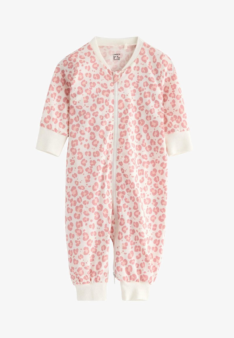 Tuta zip con stampa leopardata rosa, dotato di polsini e caviglie elastiche, realizzato in tessuto morbido. Presenta un colletto rotondo e maniche lunghe.