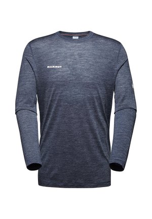 Langarmige blauwe sportshirt, gemaakt van gestructureerde stof. Heeft een ronde hals en het "MAMMUT"-logo in het wit op de borst.