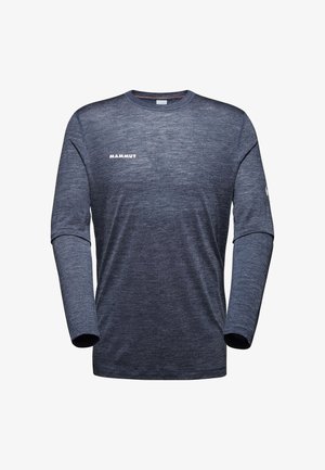 Niebieska sportowa koszulka z długim rękawem, wykonana z teksturowanej tkaniny. Posiada okrągły dekolt i biały logo "MAMMUT" na piersi.