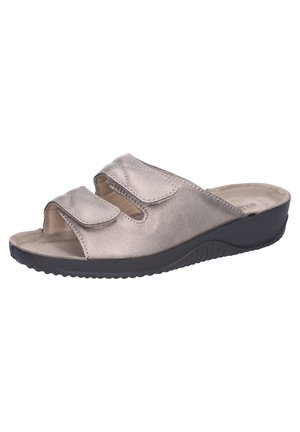 Light bronze slide sandals with two adjustable Velcro straps, open toe, padded insole, and a black rubber outsole.