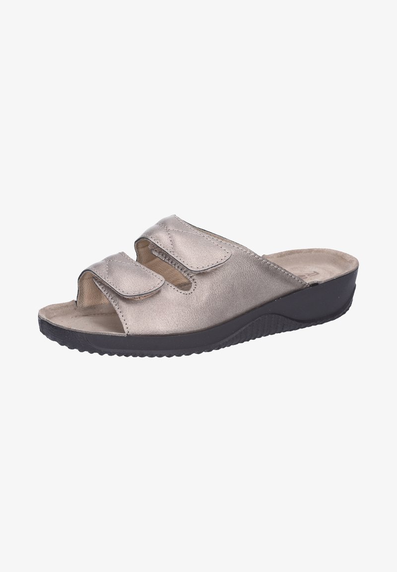 Helle bronzefarbene Riemchensandalen mit zwei verstellbaren Klettverschlüssen, offener Zehenpartie, gepolsterter Innensohle und schwarzem Gummisohle.