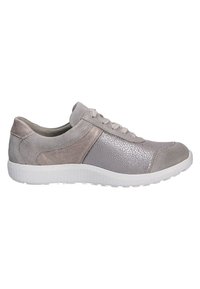 Gray suede sneakers with smooth and textured leather accents, featuring a white rubber sole and round toe, laced front closure.