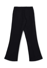 Schwarze, ausgestellte Hosen mit einem elastischen Bund, mit seitlichen Taschen und einer glatten Textur, von der Rückansicht gezeigt.