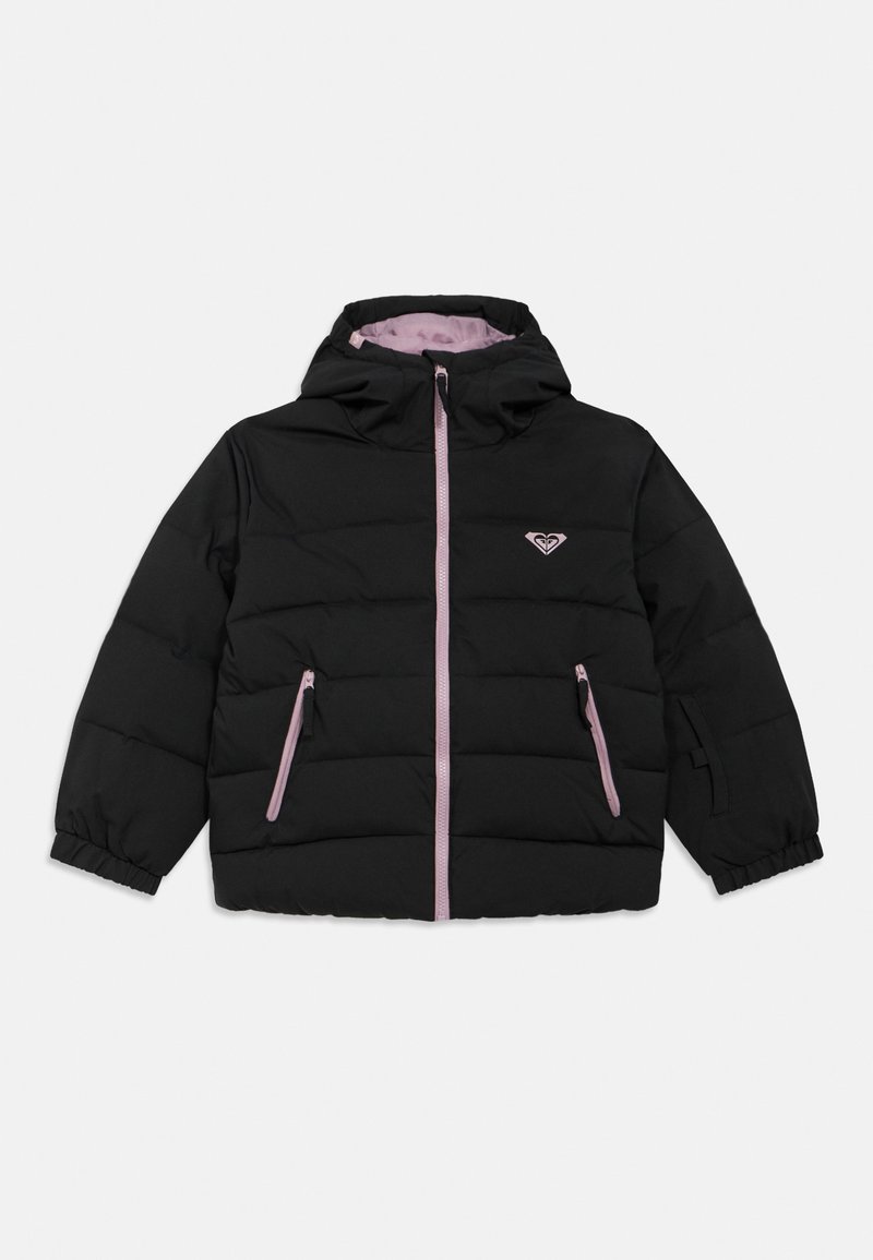 Juoda pūkinė striukė su rožinės spalvos vidine pamušalu, priekyje su užtrauktuku, dviem užsegamais kišenėmis, elastiniais rankogaliais ir dekoratyviu logotipu.