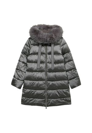 Abrigo tipo plumón en gris oscuro con cuello de piel sintética, patrón de acolchado horizontal, cierre de cremallera y dos bolsillos frontales. Acabado suave y brillante.