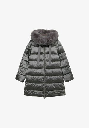 Giacca piumino grigio scuro con colletto in pelliccia sintetica, motivo trapuntato orizzontale, chiusura con zip e due tasche anteriori. Finitura morbida e lucida.