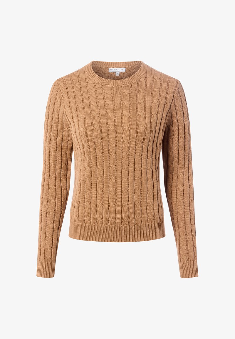 Beige Kabelstrickpullover mit langen Ärmeln, rundem Ausschnitt und geripptem Saum. Hergestellt aus einem weichen, strukturierten Stoff.