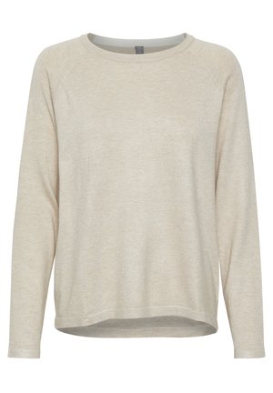 Beige hosszúujjú pulóver kerek nyakkivágással és raglánujjakkal. Az anyag lágy bélésűnek tűnik sima textúrával és finom heather mintával.