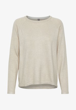 Beige hosszúujjú pulóver kerek nyakkivágással és raglánujjakkal. Az anyag lágy bélésűnek tűnik sima textúrával és finom heather mintával.