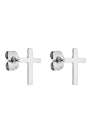 Paar kleine silberne Ohrstecker in Form schlichter Kreuze mit Schmetterlingsverschlüssen auf weißem Hintergrund.