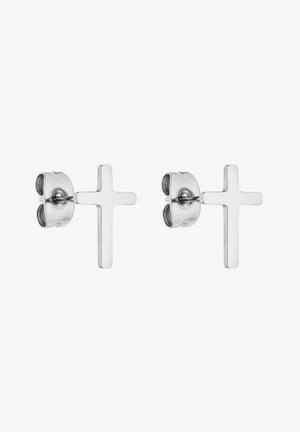 Paar kleine silberne Ohrstecker in Form schlichter Kreuze mit Schmetterlingsverschlüssen auf weißem Hintergrund.