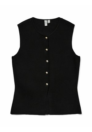 Must, varrukateta topp, millel on ümar kaelus, kuldsed nupud keskel ja keha järgiv lõige külgseelikutega.