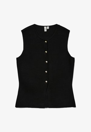 Zwarte mouwloze top met een ronde halslijn, gouden knopen in het midden en een aansluitende pasvorm met zijsplitten.