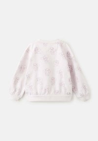 Sweat-shirt rose clair avec poignets et ourlet élastiques, présentant un motif répété de chiots espiègles en contour violet clair.