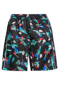 Svarta badshorts med blommönster i röd, blå och grön. Har midjeband i elastiskt material och vita sidostråkar. Tillverkade av ett lättviktsmaterial.