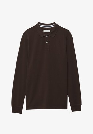 Langarm-Polohemd aus dunkelbraunem Baumwollstoff, mit Kragen, Knopfleiste mit drei Knöpfen und weißen Streifenakzenten. Glatte Textur.