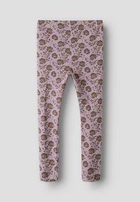 Leggings roses côtelés avec imprimé floral marron, présentés à plat sur un fond gris clair.