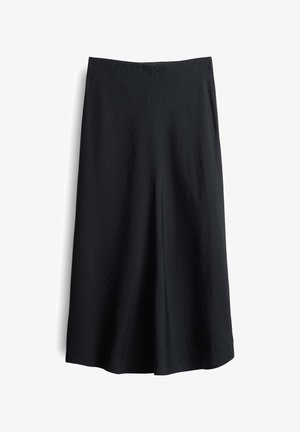 Zwarte wijde rok van lichtgewicht stof. Bevat een gladde textuur met een subtiele glans en een strakke, eenvoudige silhouet.