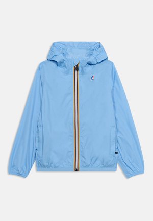 Light blue hooded windbreaker jacket with front zipper featuring red, white, and blue stripes and a small K-Way logo on the chest.