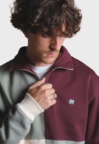 Vínovo-zelená mikina na zips s ribbed manžetami, koja má nášivku svetlomodrého slona na hrudi.
