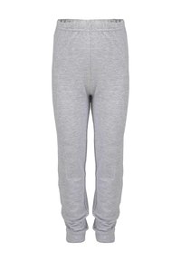 Helle graue, weiche Jogginghose aus Stoff mit einem elastischen Bund und gerafften Bündchen an den Knöcheln.