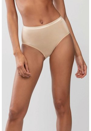 Beige high-waisted panties made of soft fabric with a smooth texture. Features a delicate lace trim along the waistband.