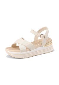 Sandali platform beige con cinturini incrociati, cinturino alla caviglia regolabile, texture liscia e dettaglio dorato sul tacco. Design leggero.