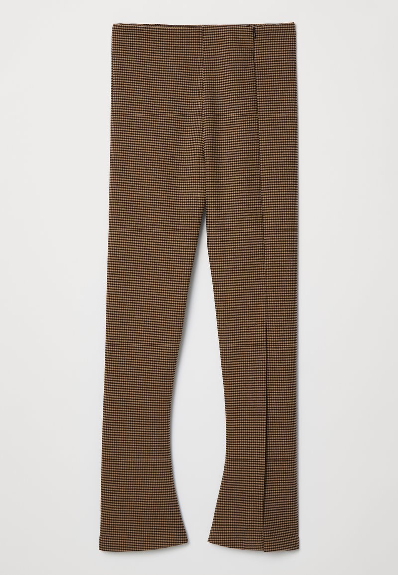 Brown plaid flared trousers featuring a textured fabric, high waistband, and a zipper closure on the side.