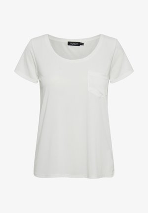 Weißes T-Shirt mit kurzen Ärmeln aus weicher Baumwolle, mit rundem Halsausschnitt und einer linken Brusttasche. Sanfte Textur, klassischer Schnitt.